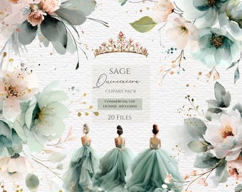 Saliegroen quinceanera clipart, bal galajurk, salie quinceanera, bruiloft bloemen, juffrouw kweepeer, bruidsmeisje clipart, aquarel jurk png.