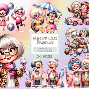 Clipart de pareja de ancianos divertidos, anciana alegre, anciana y vino, clipart de anciana, anciana en Italia, viejos mejores amigos, sublimación png.