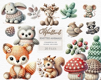 Imágenes prediseñadas de animales tejidos, paquete de imágenes prediseñadas, bosque de ganchillo, imágenes prediseñadas de bosque, imágenes prediseñadas de tejido, imágenes prediseñadas de ganchillo, animales de ganchillo, animales tejidos