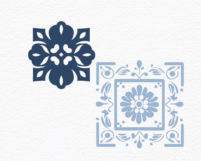 May include: Two blue and white tile designs. The first design is a simple square with four rounded corners and a floral pattern. The second design is a square with a floral border and a larger flower in the center.