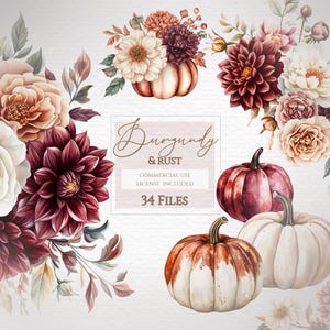 May include: Watercolor illustrations of burgundy and rust colored flowers, leaves, and pumpkins. The text "Burgundy & Rust" is in the center of the image. The text "Commercial Use License Included" and "34 Files" are below the title.