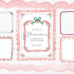 May include: Watercolor illustration of six whimsical Christmas frames in shades of pink, red, and green. The central frame features the text "Whimsical Christmas Frames" and "26 Files". Each frame has a unique design, including bows and decorative elements.