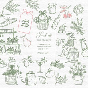 May include: An illustration featuring market-themed elements in green and pink. Includes a market stall, a basket of flowers, a pear, a bottle, a tag with "Fresh off the Market", and a woman with a cocktail. The text "Fresh off the Market" is also present.