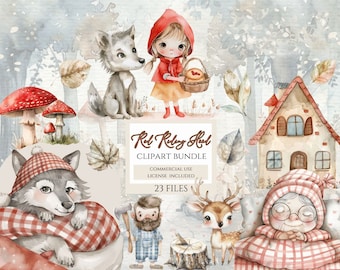 Little red riding hood watercolor clipart, woodland clipart, baby forest animals, crap party png, woodland animals, cute baby animals.