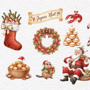 May include: Watercolor illustration of Christmas-themed items. A red stocking filled with hot sauce bottles, a wreath, a candy cane, a Santa Claus playing the violin, a beaver with a gift, and a banner that says "Joyeux No&euml;l".