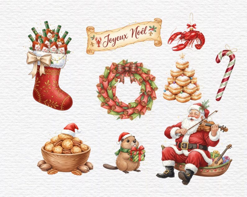 May include: Watercolor illustration of Christmas-themed items. A red stocking filled with hot sauce bottles, a wreath, a candy cane, a Santa Claus playing the violin, a beaver with a gift, and a banner that says "Joyeux No&euml;l".