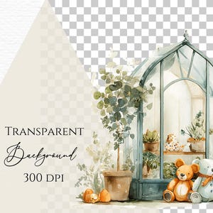 May include: Watercolor illustration featuring a greenhouse with plants and two teddy bears. The greenhouse is painted in shades of blue and green, with a transparent background. The text "TRANSPARENT Background 300 DPI" is also visible.