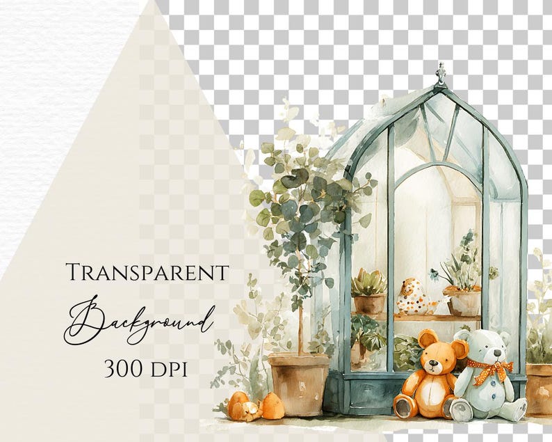 May include: Watercolor illustration featuring a greenhouse with plants and two teddy bears. The greenhouse is painted in shades of blue and green, with a transparent background. The text "TRANSPARENT Background 300 DPI" is also visible.