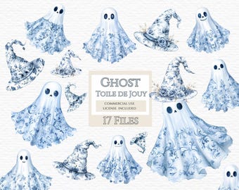 Floral Geist Clipart Toile de Jouy Clipart Blau Toile Clipart Chinoiserie png, Französisch Toil de Jouy Retro Halloween Clipart.