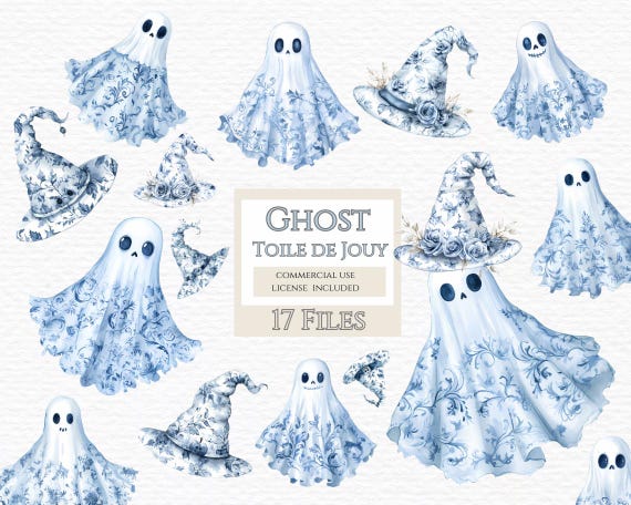 Floral Ghost Clipart Toile de Jouy Clipart Blue Toile Clipart Chinoiserie png, French Toil de Jouy Retro Halloween Clipart.
