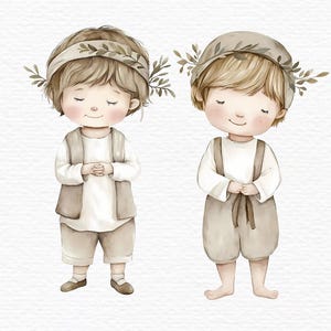 May include: Two watercolour illustrations of children with brown hair wearing brown outfits and leaf crowns. The children are standing with their hands clasped in front of them.