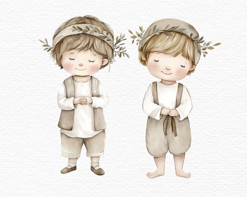 May include: Two watercolour illustrations of children with brown hair wearing brown outfits and leaf crowns. The children are standing with their hands clasped in front of them.