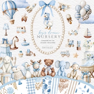 Könnte beinhalten: Aquarell-Illustrationen von Babyzimmer-Artikeln in Blau-, Braun- und Weißtönen. Enthält Spielzeug, Tiere und gemusterte Papiere. Der Text lautet "boy's dream nursery".