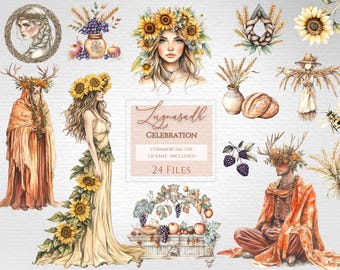 May include: A digital collection of Lughnasadh celebration illustrations featuring figures with sunflower crowns, wheat stalks, baskets of fruit, bread, blackberries, and a scarecrow. The central text reads Lughnasadh CELEBRATION COMMERCIAL USE LICENSE INCLUDED 24 FILES.