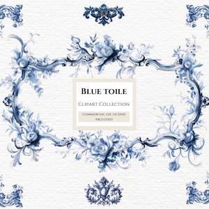 Clipart écusson floral, bordure rose bleue png, clipart toile de bleu, clipart toile de jouy. Plus d'informations dans la description ci-dessous.
