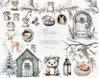 Rustic winter, baby watercolor clipart, Rustic Christmas png, boho christmas png,cozy christmas png, winter wonderland winter animals,forest