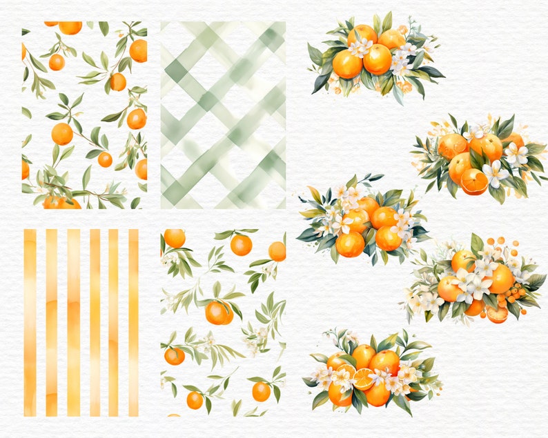 May include: Watercolor illustrations featuring oranges, green leaves, and white blossoms. The designs include patterns of orange branches, green plaid, and orange stripes. Several arrangements of oranges and flowers are also shown.