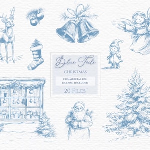 以下が含まれることがあります： トナカイ、クリスマスツリー、靴下、ベル、ジンジャーブレッドハウス、サンタクロース、天使、女の子など、20個の青いクリスマスイラストのセット。イラストはヴィンテージスタイルで、ホリデープロジェクトに遊び心を加えるのに最適です。