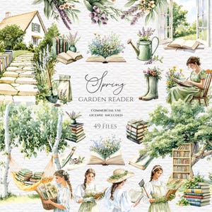 May include: Watercolor illustrations featuring a spring garden theme. Includes images of books, flowers, gardening tools, and women reading. The text "Spring Garden Reader" is displayed, along with "Commercial Use License Included" and "49 Files."