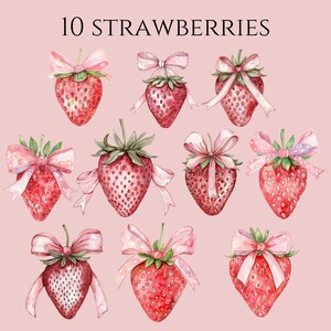 Puede incluir: Diez ilustraciones de acuarela de fresas con lazos rosas. Cada fresa es roja con hojas verdes y un lazo rosa con lunares blancos.