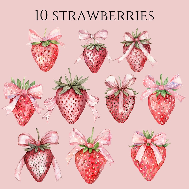 Puede incluir: Diez ilustraciones de acuarela de fresas con lazos rosas. Cada fresa es roja con hojas verdes y un lazo rosa con lunares blancos.