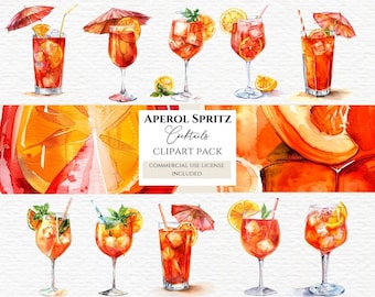Aperol spritz clip art, Watercolor Cocktail, Drink Illustration, Watercolor Clipart, Summer Drink Clipart. Learn more in description below.