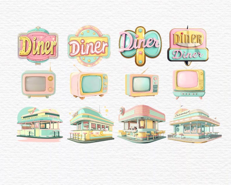 Diner Sign Clipart, 50s Clipart, 1950s Clipart, Retro 50s, Jukebox ...