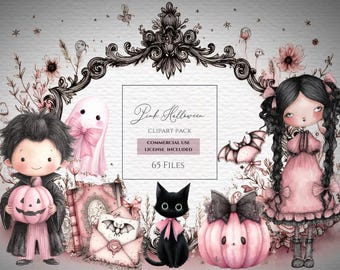 Clipart caprichoso de Halloween rosa, abóbora com laço preto, fantasma com laço rosa, clipart de aquarela, vampiro fofo png, clipart de boneca menina.