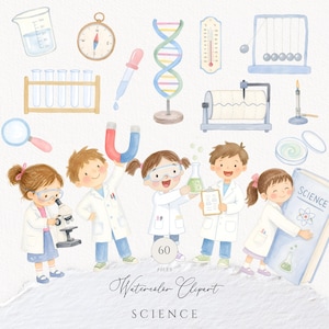 Może przedstawiać: Kolekcja akwarelowych ilustracji o tematyce naukowej przedstawiająca dzieci w białych fartuchach laboratoryjnych, nić DNA, mikroskop, probówki, magnes, kompas, termometr, zlewkę, palnik Bunsena oraz książkę z napisem SCIENCE.