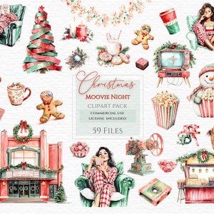 Clipart de noche de película navideña, clipart de acuarela, arte de noche de pijama, gráficos de noche de película, clipart de navidad, película navideña.