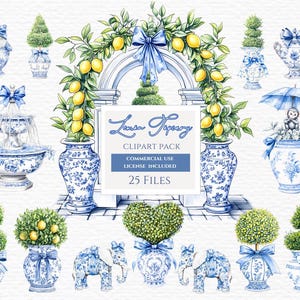 Chinoiserie citroenboom clipart, tuinboog, aquareltuin, fontein clipart, tuinhek, Grand millennial, vormsnoei clipart, Toile png