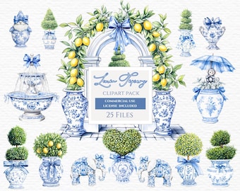 Chinoiserie lemon tree clipart, Garden Arch, Watercolor garden, fountain clipart, Garden gate, Grand millennial, topiary clipart, Toile png