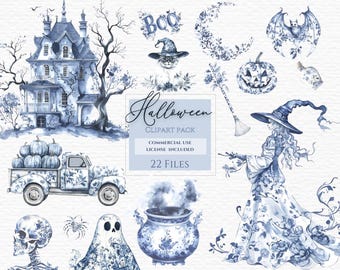 Toile Halloween Cliparts, Blaue Toile Blumen Clipart, Sublimationsdesigns, Digital Download, Coquette Kürbis PNG, Trendy Kürbis PNG,