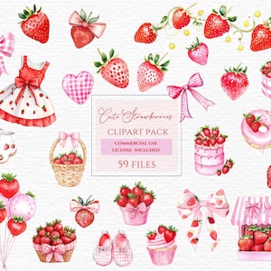 Clipart de chá de bebê com frutas vermelhas, clipart de aquarela, primeiro clipart de frutas vermelhas, clipart de morango, laços de morango, morangos fofos.