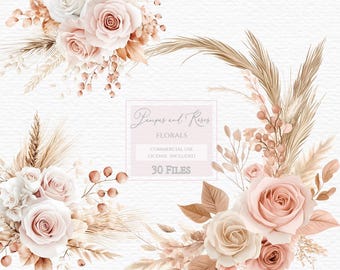Pink floral with pampas clipart,boho floral clipart,blush boho flowers,watercolor flowers,birth flower svg,dried flower clipart,pampas grass