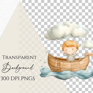 May include: A watercolour illustration of a child in a boat on the water. The child is smiling and has blonde hair. The boat is brown and wooden. There are clouds and rain above the boat.