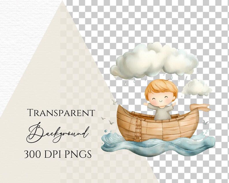 May include: A watercolour illustration of a child in a boat on the water. The child is smiling and has blonde hair. The boat is brown and wooden. There are clouds and rain above the boat.
