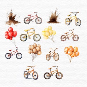 May include: Watercolour illustration of various bicycles and balloons. The bicycles are yellow and red, with black tyres. The balloons are red, orange, and yellow. There are also two brown watercolour splashes.