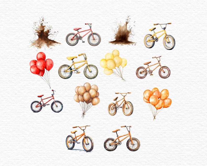 May include: Watercolour illustration of various bicycles and balloons. The bicycles are yellow and red, with black tyres. The balloons are red, orange, and yellow. There are also two brown watercolour splashes.
