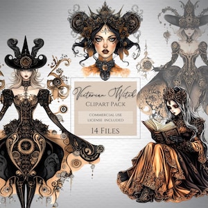 Victorian witch clipart, commercial use, steampunk witch, watercolor bundle, dark spell png, mystical clipart, witch bundle, witch Celestial