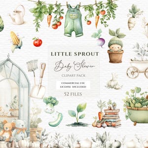 Può includere: Illustrazione ad acquerello a tema baby shower, con elementi del giardino. Include un bambino avvolto nel verde, verdure, attrezzi da giardinaggio e il testo "Little Sprout Baby Shower". L'immagine ha una palette di colori tenui e pastello.