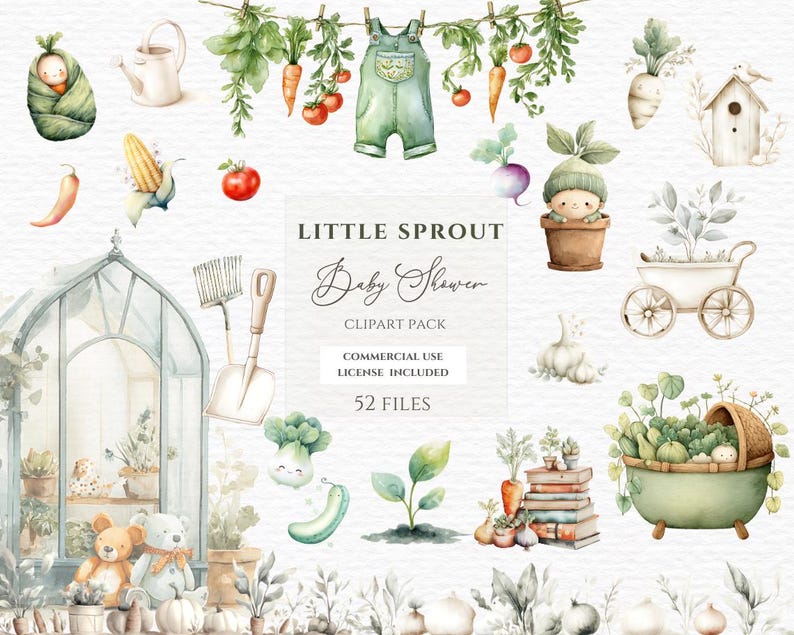 May include: Watercolor illustration featuring baby-themed garden elements. Includes a baby wrapped in a green blanket, vegetables, gardening tools, and the text "Little Sprout Baby Shower". The image has a soft, pastel color palette.