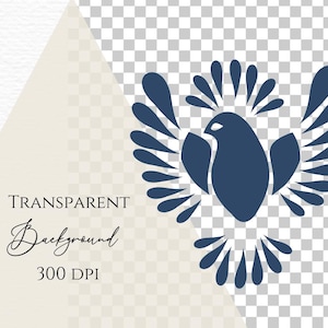 May include: A stylized blue bird with outstretched wings, the wings are made up of a series of teardrop shapes. The bird is facing forward with its head tilted slightly to the right.