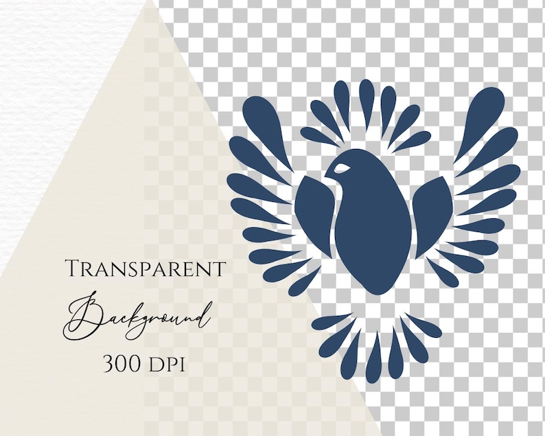 May include: A stylized blue bird with outstretched wings, the wings are made up of a series of teardrop shapes. The bird is facing forward with its head tilted slightly to the right.