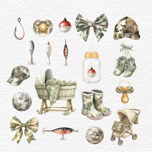 May include: A collection of watercolor illustrations featuring a camouflage bassinet, baby stroller, boots, cap, pacifiers, bows, fishing lures, a fish hook, and a baby bottle with a red and white bobber inside, all arranged on a white textured background.