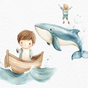 May include: A watercolour illustration of a boy in a blue shirt and brown trousers jumping in the air. A blue whale swims in the water below him. A second boy is in a wooden boat on the water, waving to the boy in the air.
