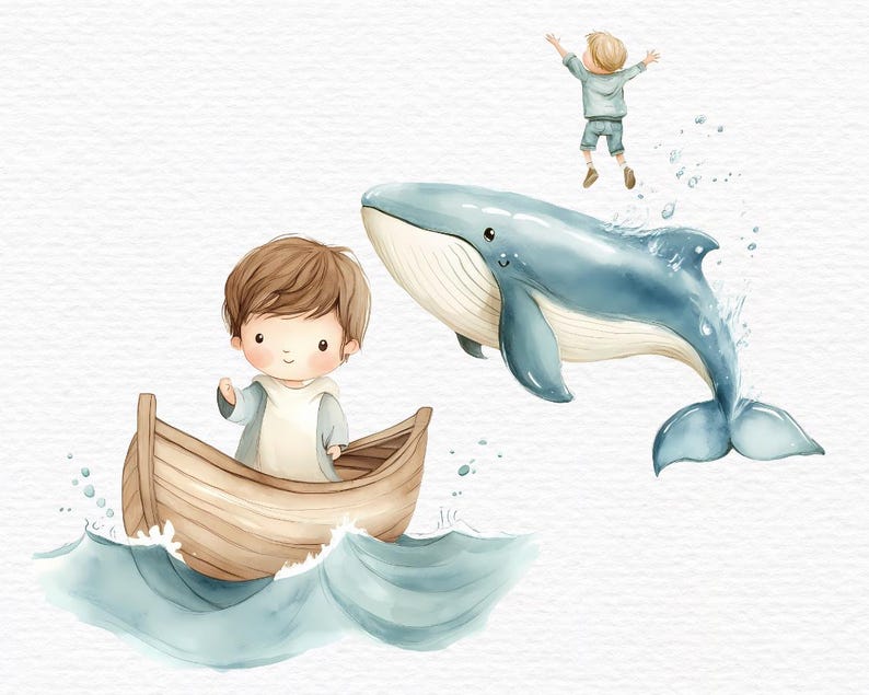 May include: A watercolour illustration of a boy in a blue shirt and brown trousers jumping in the air. A blue whale swims in the water below him. A second boy is in a wooden boat on the water, waving to the boy in the air.