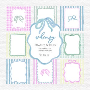 Op de afbeelding: Een verzameling grillige frames en tegels in pastelkleuren. De ontwerpen omvatten ruitjes, strepen en decoratieve randen, met een centraal label met de tekst "whimsy FRAMES & TILES". De afbeelding geeft aan dat er 36 bestanden zijn.