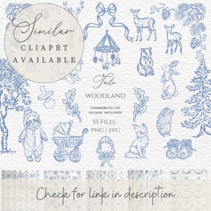Puede incluir: Una colecci&oacute;n de ilustraciones de clip art con tem&aacute;tica de bosque en azul y blanco. La imagen incluye dibujos de animales, &aacute;rboles, un cochecito y un m&oacute;vil. El texto incluye "Similar Clip Art Available", "Jule Woodland" y "Check for link in description".