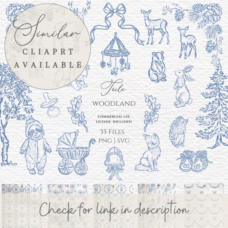 Puede incluir: Una colecci&oacute;n de ilustraciones de clip art con tem&aacute;tica de bosque en azul y blanco. La imagen incluye dibujos de animales, &aacute;rboles, un cochecito y un m&oacute;vil. El texto incluye "Similar Clip Art Available", "Jule Woodland" y "Check for link in description".